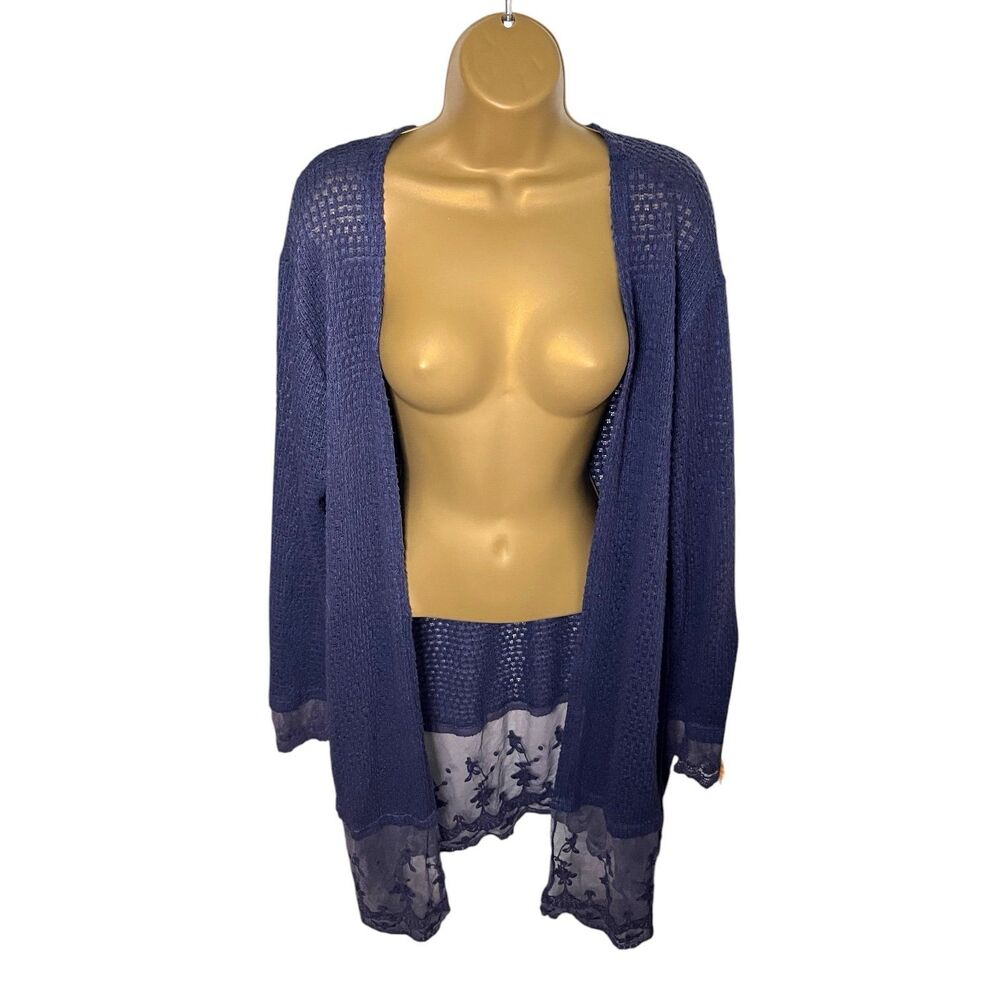 Umgee Open Knit Cardigan Lace Hem Longline Blue L